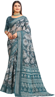 MAANVIT Printed Kanjivaram Pure Cotton, Cotton Linen Saree(Green)