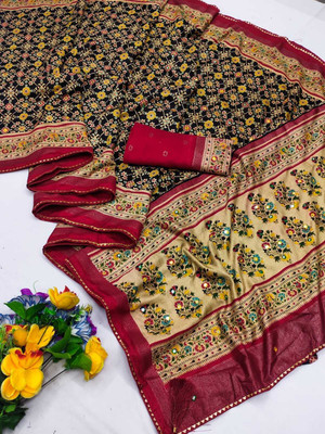 TALADARA Printed, Woven, Embellished Bollywood Semi-Pashmina Saree(Black)