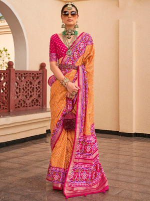 ANOUK Printed Ikkat Silk Blend Saree(Orange)