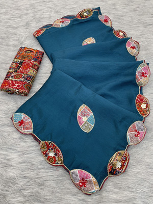 Ethina Fashion Embroidered Bandhani Chiffon Saree(Dark Blue)