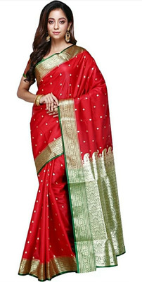 Krishneshwari Self Design, Embroidered Banarasi Pure Silk Saree(Red, Green)