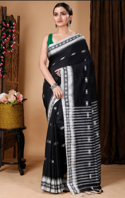 ADbutiq Temple Border, Self Design Tant Pure Cotton, Cotton Blend Saree(White, Black)