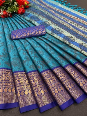 SMARTLOOKS Printed, Woven, Self Design Banarasi Cotton Silk, Jacquard Saree(Blue)