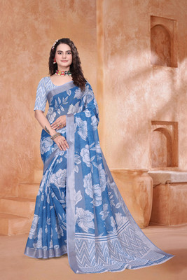 SATVASHIV Striped Bollywood Linen Saree(Blue)