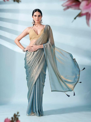 XOOM LADY Solid/Plain Bollywood Satin Saree(Blue)