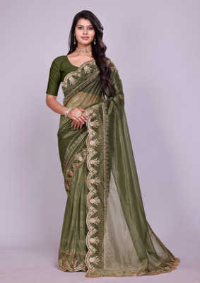 Yashakti Designer Embroidered Bollywood Supernet Saree(Light Green)