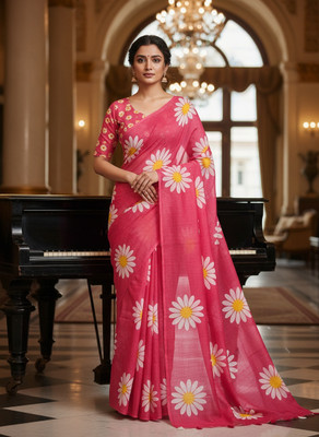 Hema Silk Mills Digital Print, Floral Print Bollywood Linen Saree(Pink)
