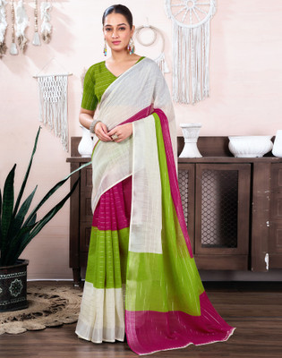 Samah Ombre, Embellished, Striped Bollywood Cotton Linen Saree(Green, White, Pink)