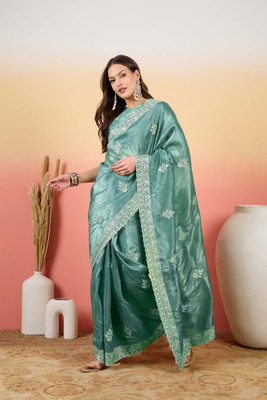 Sangria Embroidered Saree with Attached Blouse Silk Blend Saree(Light Blue)