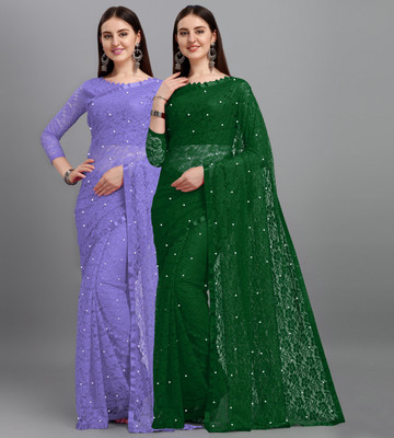 LOROFY Self Design Bollywood Net, Brasso Saree(Pack of 2, Multicolor)