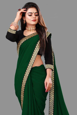 KURTAKULTURE Solid/Plain Daily Wear Georgette Saree(Green)