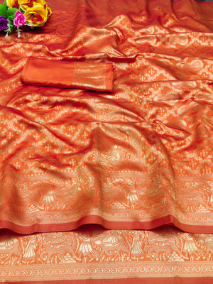 INITHI Woven Baluchari Silk Blend Saree(Orange)