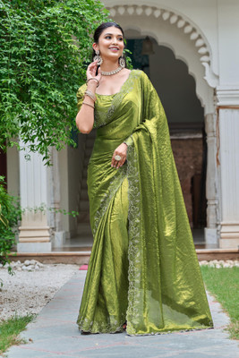 MADHUR HAND WORK ART Self Design, Embellished Bollywood Jimmy choo Saree(Green)