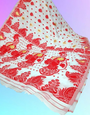 Kanokanjoli Printed Jamdani Handloom Cotton Blend Saree(Multicolor)