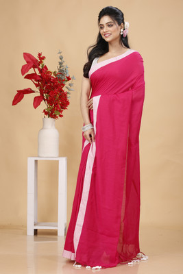 Bong ButiQ Solid/Plain Handloom Pure Cotton Saree(Pink)