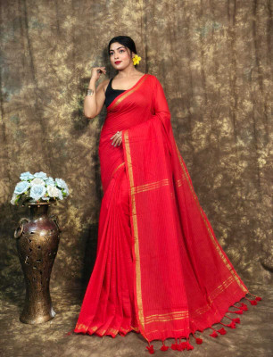 SRINJAN FASHION Striped Daily Wear Handloom Cotton Blend Saree(Red)