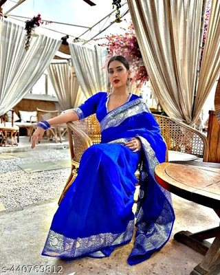 Sareedivine Woven, Solid/Plain Banarasi Satin Saree(Blue)