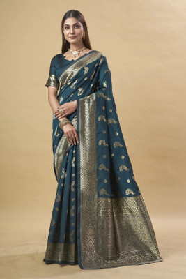 DHAYNAAND REEWA FASHION Woven Banarasi Jacquard Saree(Dark Blue)