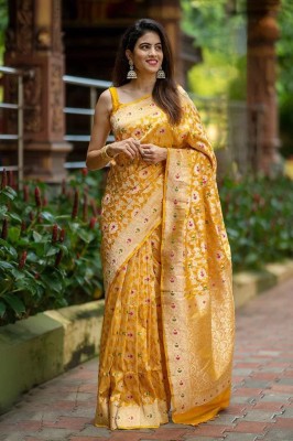 VRAJ CREATION Printed, Self Design, Woven, Temple Border Banarasi Pure Silk, Jacquard Saree(Yellow)