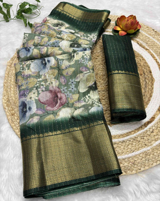 RegalDrapes Floral Print Bollywood Silk Blend, Art Silk Saree(Green)