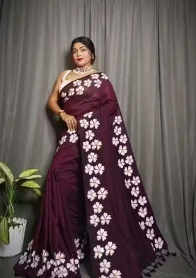 Shubharam Floral Print, Printed Bollywood Linen, Cotton Blend Saree(Maroon)