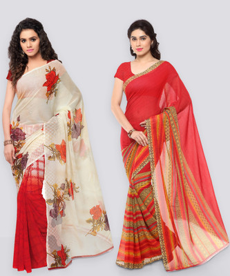 Anand Sarees Printed Bollywood Georgette Saree(Pack of 2, Red, Cream)
