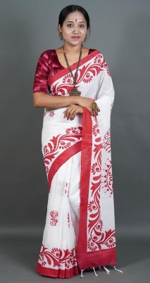 Sujit Halder Printed Handloom Pure Cotton Saree(White, Red)