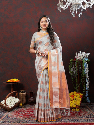 KRIYANSH Self Design, Woven, Applique, Printed, Temple Border, Striped Paithani Jacquard, Cotton Blend Saree(Grey)