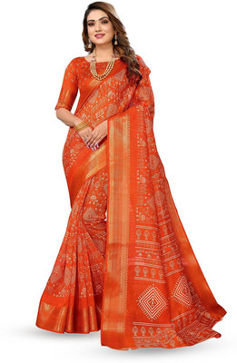 Moda Rapido Printed Bandhani Cotton Blend Saree(Orange)