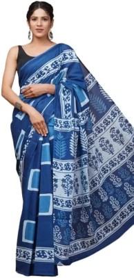 BLOCK PRINTED COTTON SAREE Printed Handloom Pure Cotton Saree(Blue)