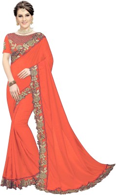 Kedar Fab Embroidered, Dyed, Self Design Bollywood Silk Blend Saree(Orange)