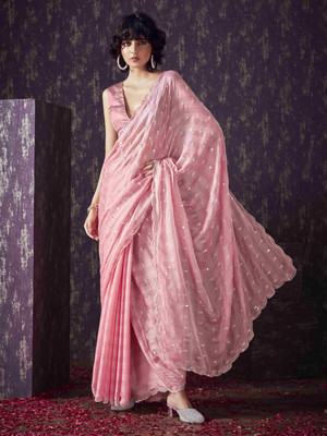 Tikhi Imli Striped Bollywood Chiffon Saree(Pink)