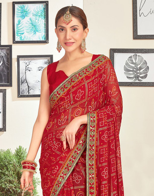 Satrani Printed, Embroidered, Embellished Bandhani Georgette, Chiffon Saree(Red, Multicolor)