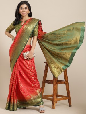 Divastri Woven Banarasi Cotton Silk Saree(Red, Green)