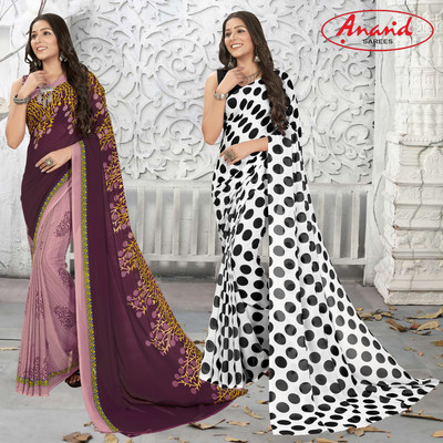 Anand Sarees Floral Print Daily Wear Georgette Saree(Pack of 2, Purple, Beige, Multicolor)
