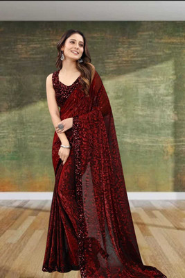 Janvi Boutique Self Design Bollywood Net Saree(Maroon)