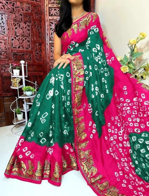 rajranitextiles Printed Bandhani Georgette Saree(Green, Pink)