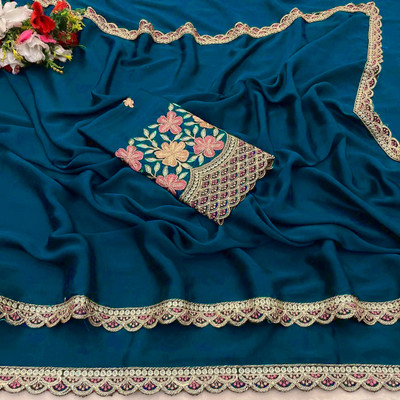 Pionex Solid/Plain Bollywood Silk Blend Saree(Blue)