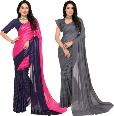 Moda Rapido Self Design, Striped, Ombre Bollywood Satin Saree(Pack of 2, Pink, Blue)