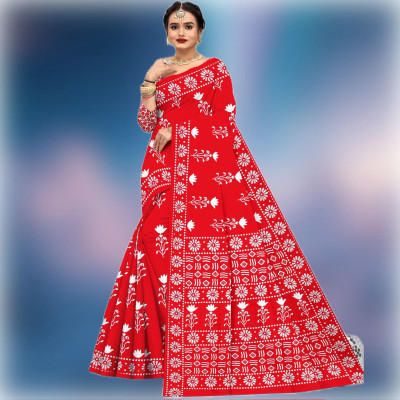 KAVACH TEXTILE Printed Daily Wear Pure Cotton Saree(Red)