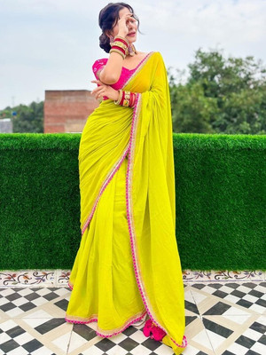 HouseOfCommon Solid/Plain Bollywood Georgette Saree(Light Green)