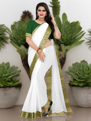 Volmina Solid/Plain Chanderi Cotton Blend Saree(White)