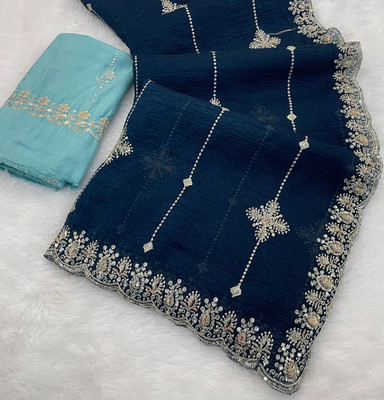 Ethina Fashion Embellished Bollywood Chiffon Saree(Dark Blue)