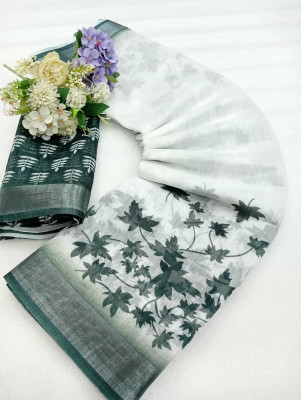 AARAANA Woven, Self Design, Geometric Print Kanjivaram Linen Saree(White)