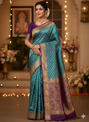 LOKAVANYA Printed Banarasi Cotton Silk Saree(Light Blue)