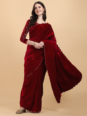 HouseOfCommon Self Design, Embroidered, Solid/Plain Bollywood Velvet Saree(Maroon)