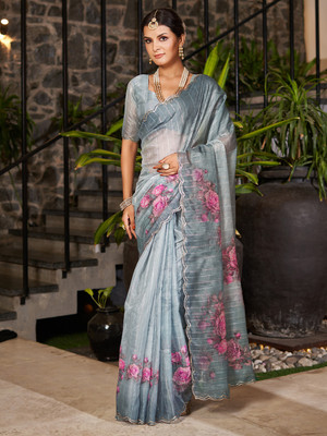 KARAGIRI Floral Print Bollywood Organza Saree(Silver)