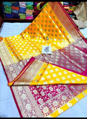 Kanokanjoli Self Design Tant Handloom Cotton Blend Saree(Pink, Yellow)