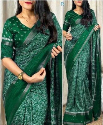 Ridham Printed Kalamkari Silk Blend Saree(Dark Green)