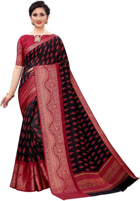 ROOP SUNDARI SAREES Printed Bollywood Cotton Linen Saree(Black, Red)